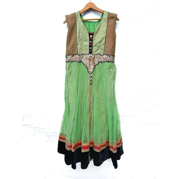 Handmade renaissance dress green overlay with black velvet size medium jun1 - Picture 1 of 8